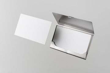 top view of business card with case on white