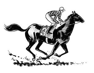 Jockey on a racing horse. Ink black and white drawing © berdsigns