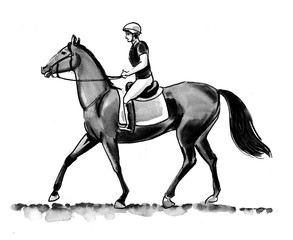 Horse riding. Ink black and white drawing