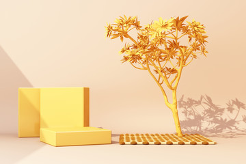 3D render of tropical plants in yellow color isolated on yellow background.