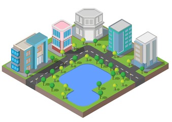 Obraz premium Isometric Building vector.They are on Yard with road and trees.smart city and public park.building 3d,cars,capital , Vector office and metropolis concept.