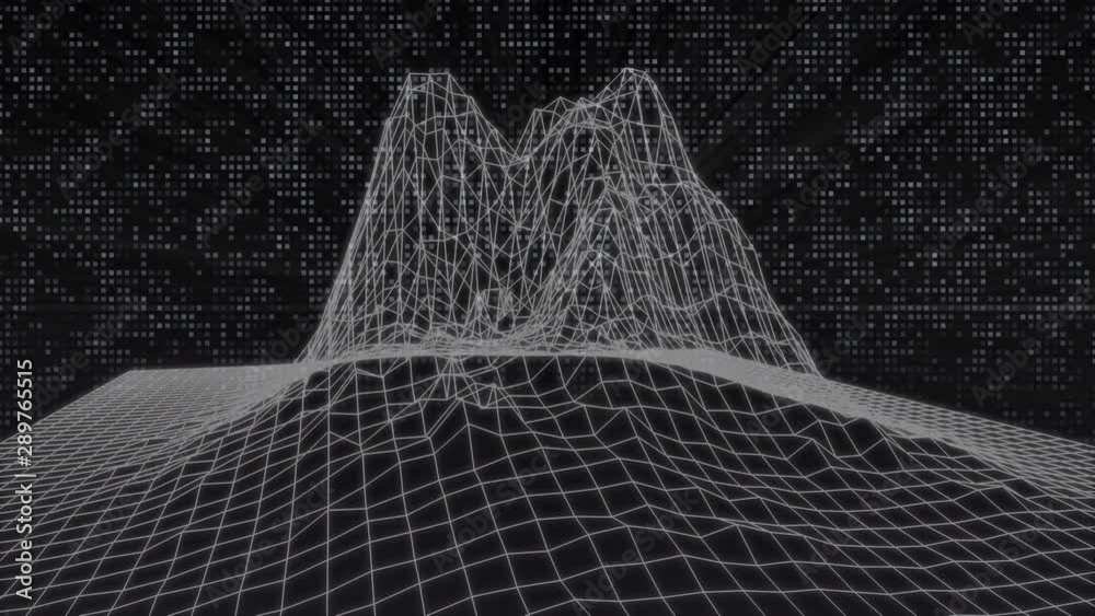 Aufkleber 4K Animation Abstract Wireframe Analysis Spin Mountain. Glow Futuristic Geometric Hill Structure Pattern 3D Rendering Seamless Loop Footage.