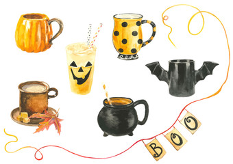 Set of funny watercolor Halloween cups in vector