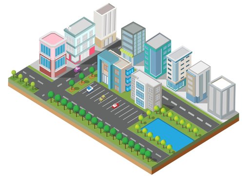 Isometric Building vector. They are  on Yard with road and trees.smart city and public park.building 3d,cars,capital , Vector office and metropolis concept.