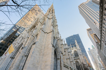 New York City, NY, USA - December, 2018 - The Cathedral of St. Patrick is a decorated Neo-Gothic-style Roman Catholic cathedral church in the United States, located at Fifth Avenue.