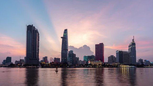 Timelapse, Saigon Skyline from day to night. Time-lapse Tilt, Cityscape at sunset.
