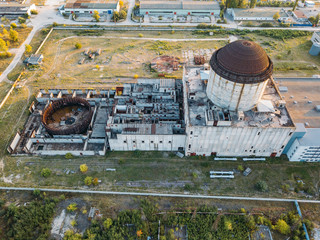 Abandoned and ruined Nuclear Power Plant for heat supply in Voronezh, aerial view from drone