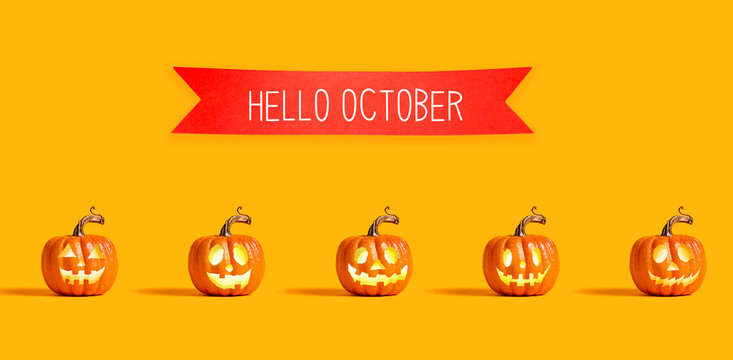 Hello October with orange pumpkin lanterns with a red banner