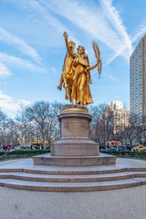 New York City, NY, USA - December, 2018 - William Tecumseh Sherman Memorial are outdoor sculptures of William Tecumseh Sherman and Victory by Augustus Saint-Gaudens, at Grand Army Plaza.