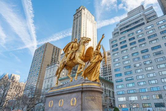 New York City, NY, USA - December, 2018 - William Tecumseh Sherman Memorial are outdoor sculptures of William Tecumseh Sherman and Victory by Augustus Saint-Gaudens, at Grand Army Plaza.