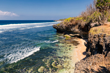 Rocky coastline and beautiful water of Nusa Dua,  Bali island