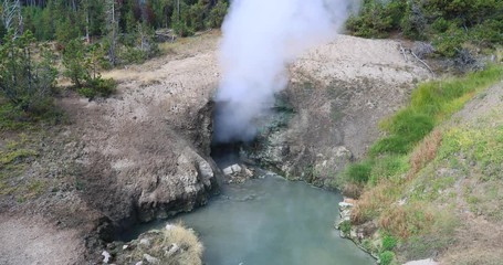 Yellowstone National Park geyser basin steam. Geothermal ecosystem environment. Largest super volcano on the continent. Biology geography and ecology. Millions of tourist.