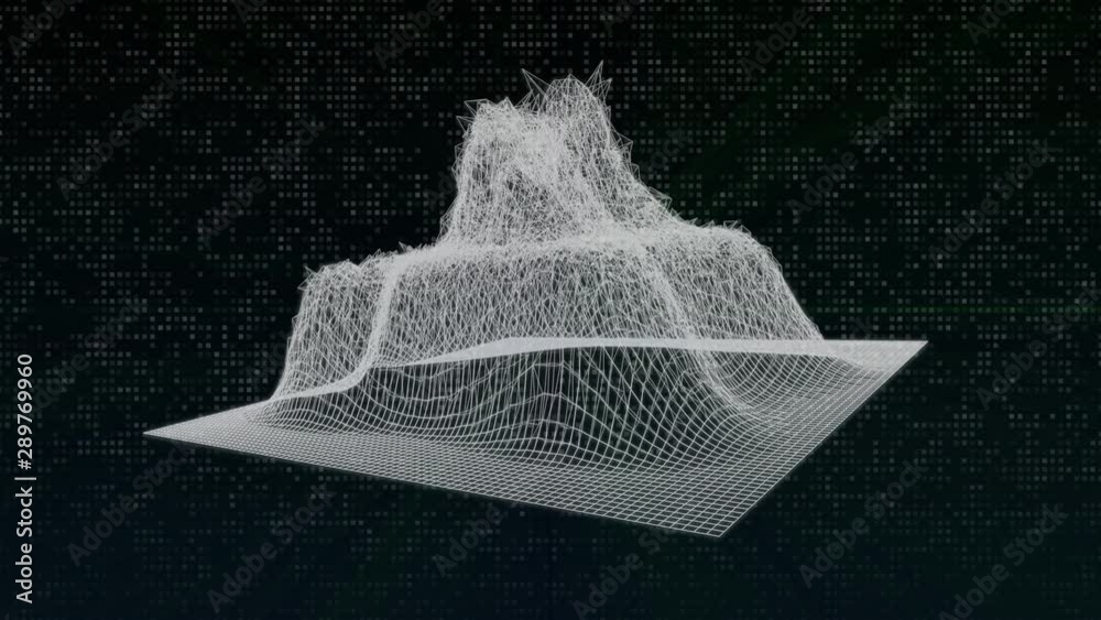 Aufkleber 4K Animation Abstract Wireframe Analysis Spin Mountain. Glow Futuristic Geometric Hill Structure Pattern 3D Rendering Seamless Loop Footage.