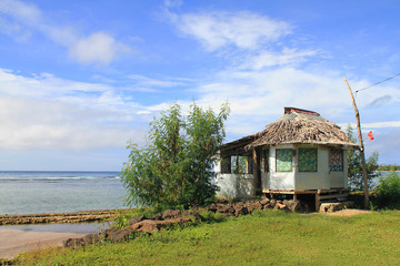 A beach fale is a simple thatched hut in Samoa. Beach fales are also common in other parts of Polynesia. Built with a few posts, no walls and a thatched roof with a round or oval shape. © peacefoo