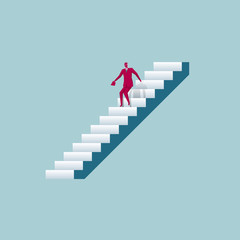 Businessman is walking on the stairs. The background is blue.