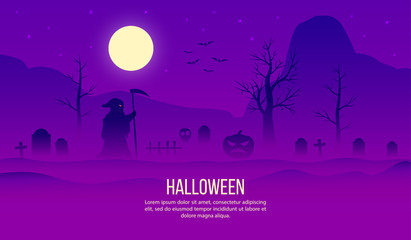 Happy halloween background with scary witch under moonlight in the spooky night