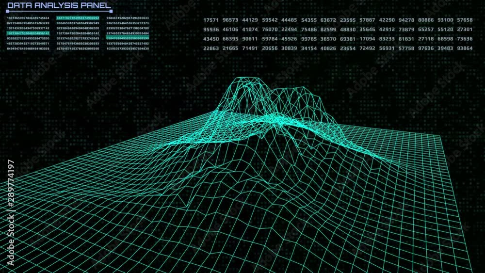 Poster HUD Futuristic 4K Wireframe Analysis Spin Mountain Animation. Glow Element Geometric Hill Structure Pattern 3D Rendering Seamless Loop Footage.