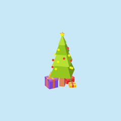 Isometric Tree and Gift Box Isolated Color