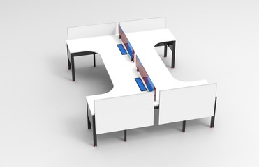 Interior of open space office with white and glass with computer desks. 3d rendering