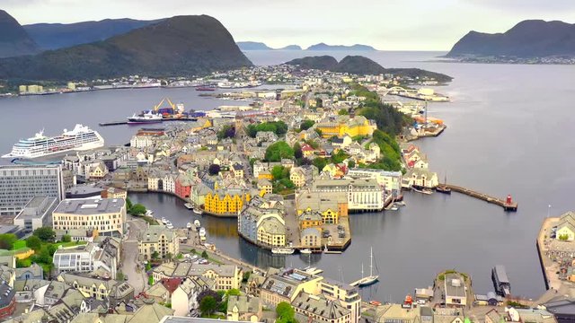 Alesund Norway, amazingly beautiful European city, aerial view.