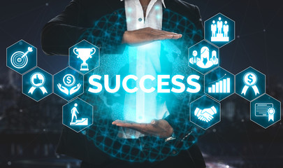 Achievement and Business Goal Success Concept - Creative business people with icon graphic...