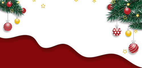 Christmas tree branches with Christmas decorations balls, Gold stars on snow-white shape, and red background. Vector illustration.