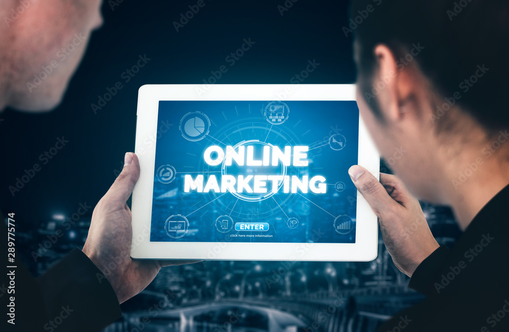 Sticker digital marketing technology solution for online business concept - graphic interface showing analyt
