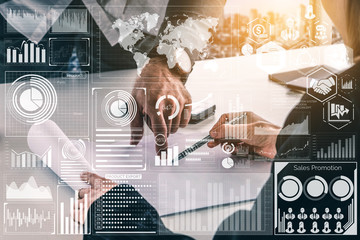 Big Data Technology for Business Finance Analytic Concept. Modern graphic interface shows massive...