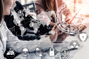 Cyber Security and Digital Data Protection Concept. Icon graphic interface showing secure firewall technology for online data access defense against hacker, virus and insecure information for privacy.