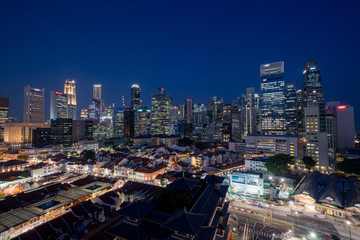 Central Business District and China town at magic hour in Singapore