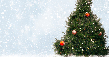 Christmas tree with decoration, light, snow flake. For background, web banner and greeting card design in Christmas and New Year holiday. Free space for your add text.