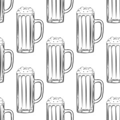 Beer mug seamless pattern. Full beer glasses with foam backdrop.