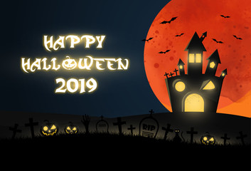 flat design Halloween background with graveyard and house. Vector, illustration.