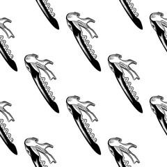 Corkscrew seamless pattern. Engraving style. Sommelier knife backdrop.