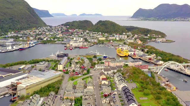 Alesund Norway, amazingly beautiful European city, aerial view.