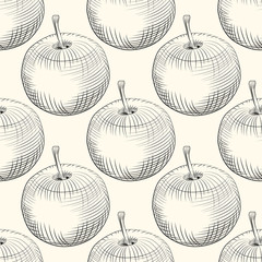Apples seamless pattern. Apple fruit backdrop. Engraving vintage style.