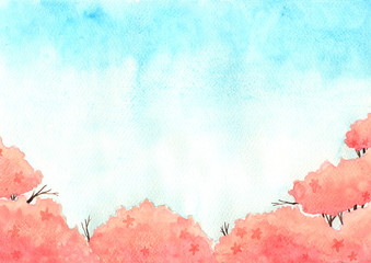 Cherry blossom tree with blue sky background watercolor hand painting.