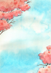 Cherry blossom tree with blue sky background watercolor hand painting.