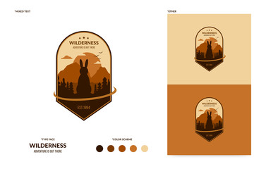 Wilderness exploration logo, outdoor adventure badge with sitting bunny