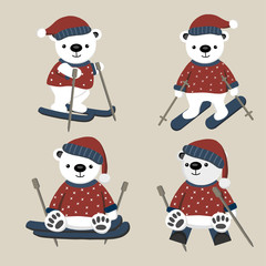 Set of Polar bear cartoon skiing.