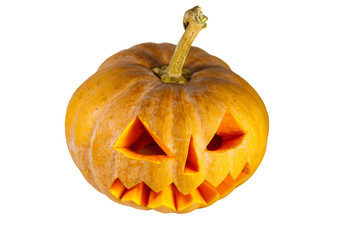 Spooky Halloween pumpkin jack-o-lantern isolated on a white background