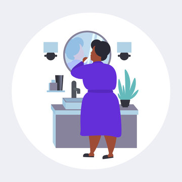 Fat Obese Woman Brushing Teeth Overweight African American Girl Holding Toothbrush Looking At Mirror Obesity Concept Modern Bathroom Interior Flat Full Length Rear View