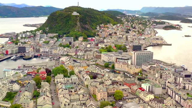 Alesund Norway, amazingly beautiful European city, aerial view.