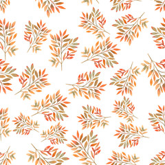 Fototapeta na wymiar Seamless autumn leaves background, berries on white isolated background. Watercolor illustration