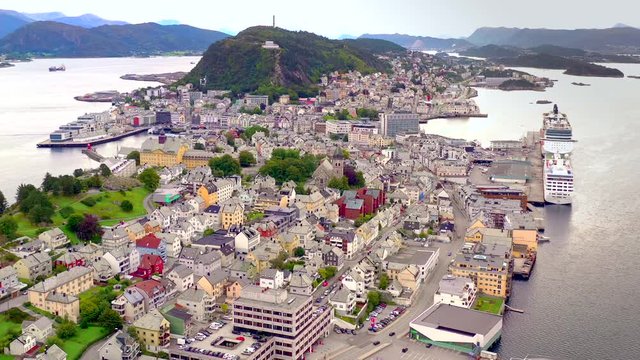 Alesund Norway, amazingly beautiful European city, aerial view.