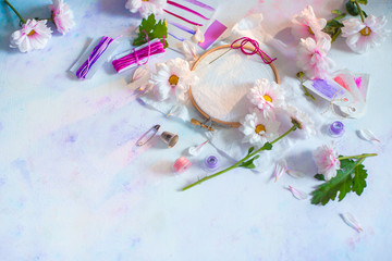 Embroidery frame header with flowers. Pink, white and purple pastel tones, copy space
