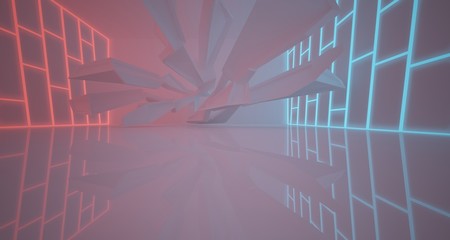 Abstract architectural white interior of a minimalist house with color gradient neon lighting. 3D illustration and rendering.