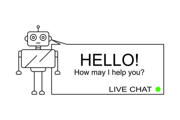 Chat Bot Icon. Flat logo. With text: Hello, how may I help you? Live chat.