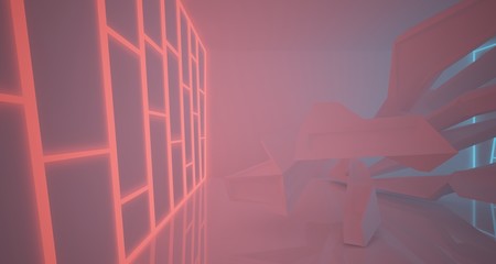 Abstract architectural white interior of a minimalist house with color gradient neon lighting. 3D illustration and rendering.