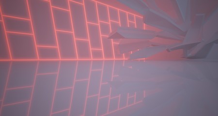 Abstract architectural white interior of a minimalist house with color gradient neon lighting. 3D illustration and rendering.